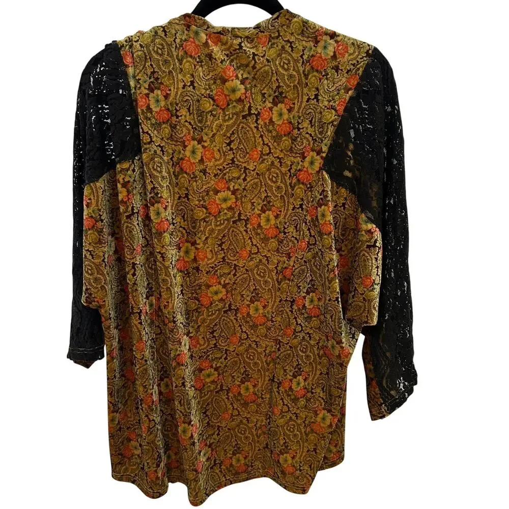 Mystree Whimsygoth Velvet Paisley Cardigan Black Lace Sleeve Dark Floral Boho M